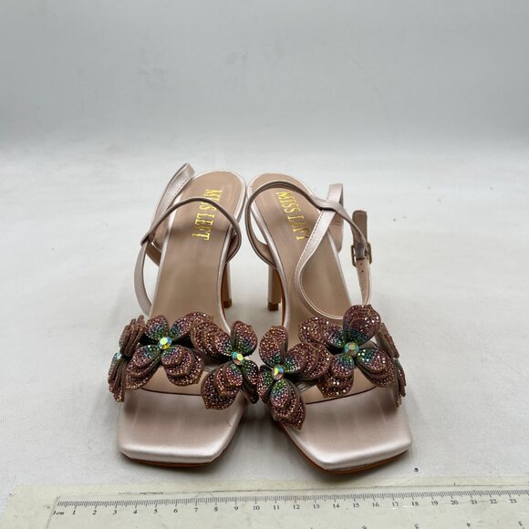 miss left Champagne Rhinestones Stiletto Heel with Strap Buckles Flower Sandals - Picture 3 of 8